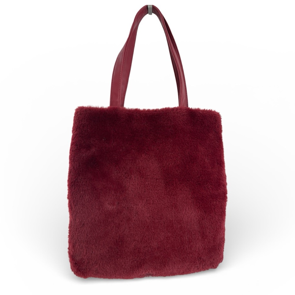Burgundy Red Maroon Faux Fur Vegan Leather Tote Shoulder Bag